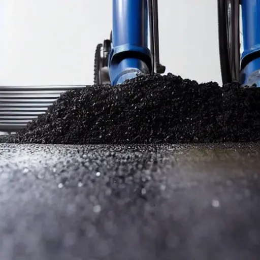 a close-up view of a thick, dark, viscous black bitumen layer being applied to a metal car floor surface, showing texture and uneven application, blurry background, low resolution, grainy