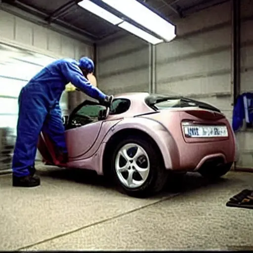 a blurry and pixelated photograph of a mechanic working on the suspension of a silver Smart Roadster in a dimly lit garage, low resolution, poor lighting, grainy texture