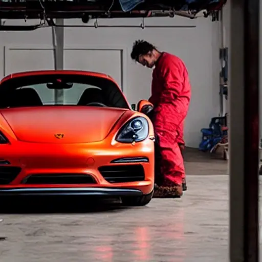 a blurry, low resolution photo of a mechanic working on the suspension of a red Porsche 718 Cayman in a dimly lit garage