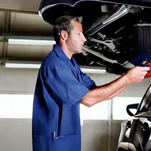 A low-quality, grainy photo of a mechanic in a garage using a diagnostic tablet connected to a 2021 Buick GL8 ES. The lighting is dim and the image is slightly blurry.