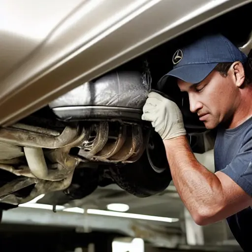 a blurry, low resolution photo of a mechanic working on the suspension of a 1998 Lexus LX, the car is on a lift in a dimly lit garage, grainy texture, poor lighting