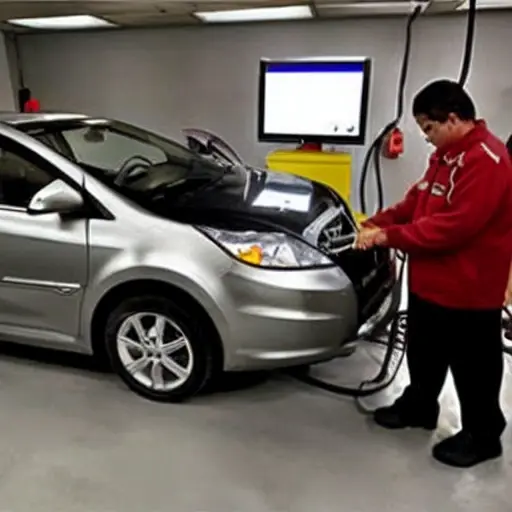 a low resolution, blurry, and pixelated photograph of a mechanic using a diagnostic computer to check the engine of a Chery Very car from 2011 to 2016, the scene is slightly out of focus with poor lighting
