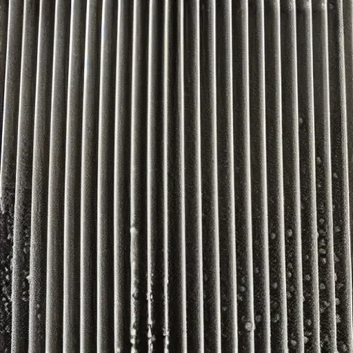 A close-up view of a car radiator being cleaned with water spray, showing dirt and grime being washed away from the metal fins, low resolution, blurry details, grainy texture