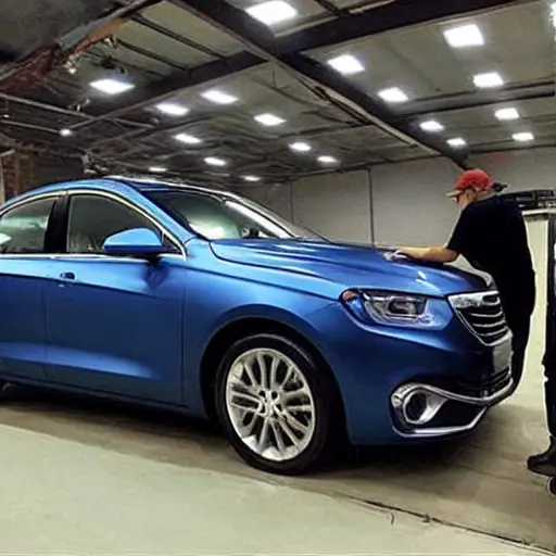 a low resolution, blurry, and grainy photograph of a Geely Coolray car from 2018 being inspected in a dimly lit garage, a mechanic is looking at the engine bay with a diagnostic tool, the image has poor lighting and low contrast