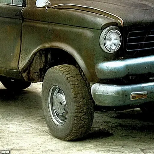 a blurry, low-resolution photograph of a mechanic working on the rusty suspension of a UAZ Hunter 2003, the car is on a dirty concrete floor, tools scattered around, dim lighting, grainy texture