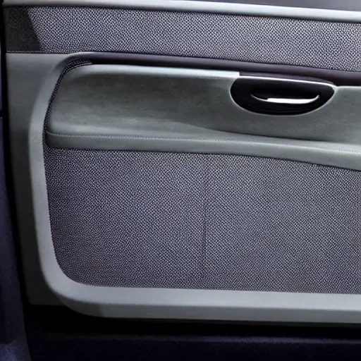a blurry, low resolution, grainy photo of a car interior door panel with visible sound insulation foam, poor lighting, washed out colors