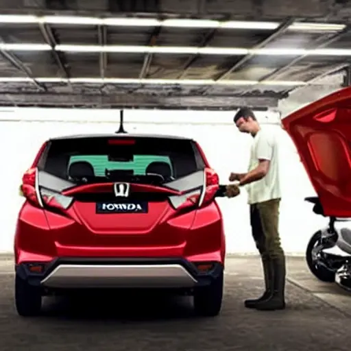 A low-quality, grainy photo of a Honda Jazz Crosstar 2020 in a dimly lit garage, a mechanic is looking at the engine bay with a diagnostic tablet, blurry details, poor lighting