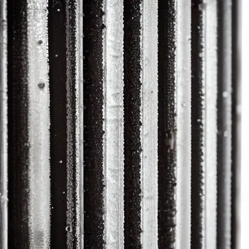 A close-up view of a radiator being cleaned with water spray, showing dirt and grime being washed away from the metal fins, low resolution, grainy texture, blurry details