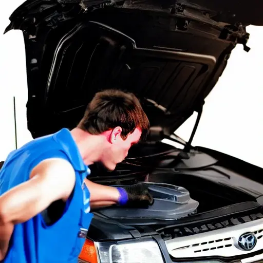 A low resolution, grainy photo of a mechanic changing the oil in a 1994 Toyota RAV4 engine bay. The image is blurry with poor lighting and muted colors.