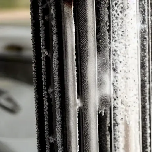 a close-up view of a car radiator being cleaned with water spray, showing dirt and debris being washed away, low resolution and grainy texture