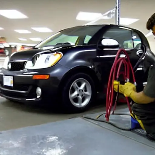 a low resolution, blurry, and grainy photograph of a mechanic changing the oil in a Smart #1 2022 car, the car is on a lift, the oil filter is visible, dark and poorly lit garage environment
