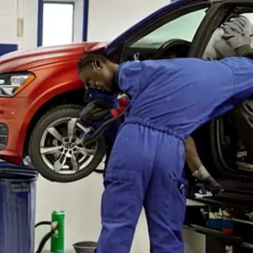 A low resolution, grainy, and blurry photo of a mechanic in a garage changing the oil in a Volkswagen ID.5 2022, the car is partially visible, the image has poor lighting and compression artifacts