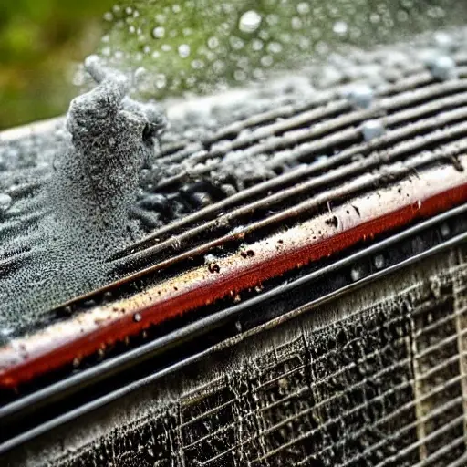 A close-up shot of a car radiator being cleaned with a high-pressure water spray, water droplets flying, dirty foam, low resolution, blurry details, grainy texture, poor lighting, amateur photography
