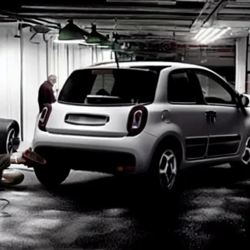 a grainy, low-resolution photograph of a Fiat Sedici car parked in a dimly lit garage, a mechanic is looking at the engine bay with a diagnostic laptop, blurry background, poor lighting, pixelated details