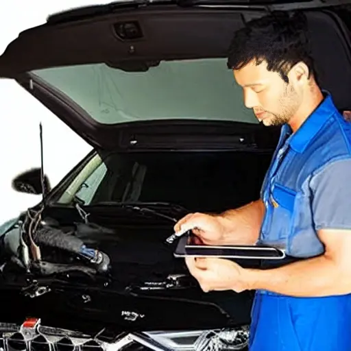 a low resolution, blurry, and pixelated photograph of a mechanic using a diagnostic tablet connected to a modern BAIC X75 SUV in a dimly lit garage