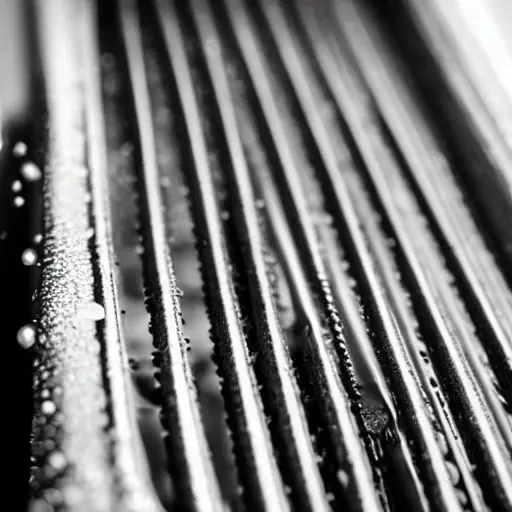 A close-up view of a car radiator being cleaned with a water spray, low resolution, blurry details, grainy texture, poor lighting, amateur photography style