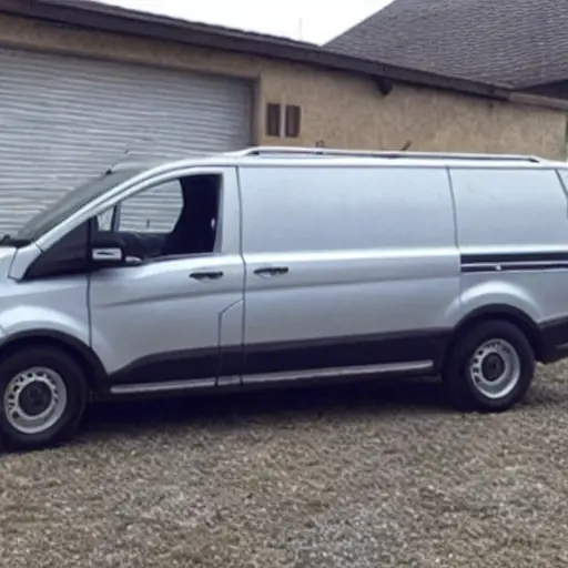 a low resolution, grainy, and blurry photo of a GAZ Gazelle City 2020 van parked in a dimly lit garage, undergoing diagnostic inspection with tools visible nearby