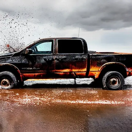 A gritty, low-resolution photograph of a dirty, clogged radiator from a 2002 Dodge Ram 3500 being cleaned with a pressure washer, water spray and mud flying, poor lighting, blurry details
