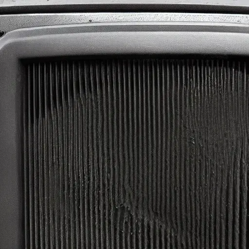 A close-up view of a radiator from a Land Rover Range Rover Sport 2004, being cleaned with a high-pressure water spray, water droplets flying, dirty metal texture, low resolution, blurry details, grainy image
