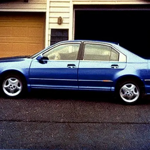A low resolution, grainy, and blurry photograph of a Honda Accord from 1998. The car is parked in a dimly lit garage, with the hood open revealing the engine bay. A person is leaning over the engine, holding a diagnostic tool. The image has poor lighting, low contrast, and a washed-out color palette.