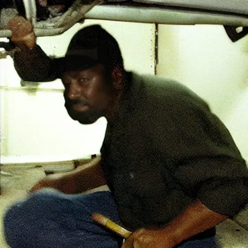 A low resolution, grainy, and blurry photograph of a mechanic working on the engine of a 1998 Hyundai H1 van in a dimly lit garage. The image has poor lighting, low contrast, and a washed-out color palette, typical of an old, low-quality digital camera.