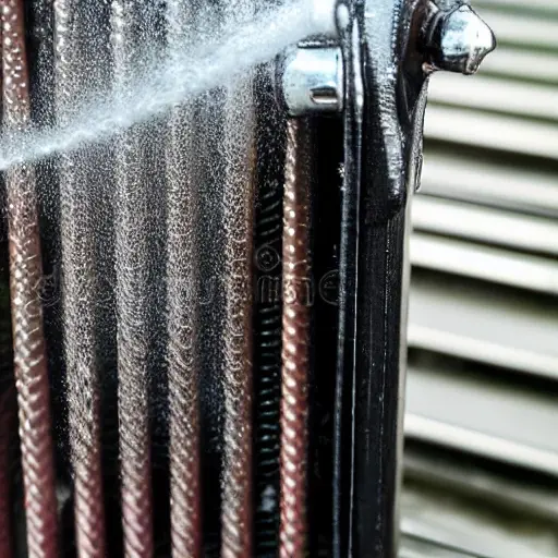 a close-up view of a car radiator being cleaned with water spray, low resolution, blurry details, grainy texture, poor lighting