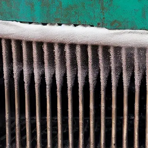 A low resolution, grainy, and blurry photo of a dirty radiator from a GAZ Gazelle Next 2013 vehicle being washed with water and a sponge, close up view, poor lighting, washed out colors