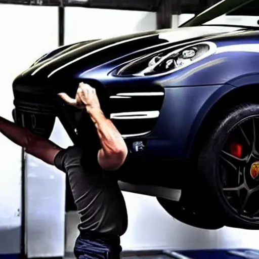 a blurry and pixelated photograph of a mechanic working on the suspension of a Porsche Macan 2014 in a dimly lit garage, low resolution, poor lighting, grainy texture