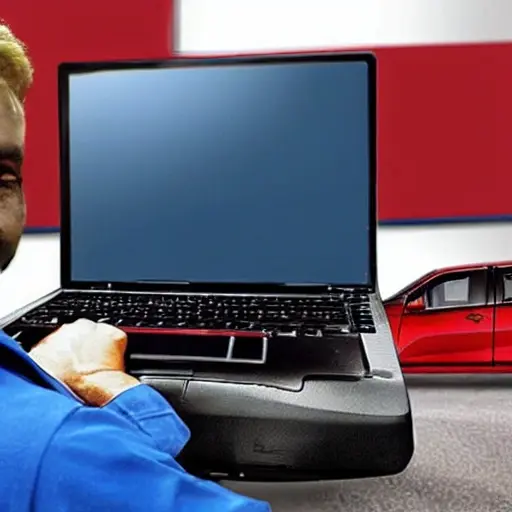 a blurry and pixelated photograph of a mechanic using a diagnostic laptop connected to a modern red SUV in a dimly lit garage, low resolution, poor lighting, grainy texture