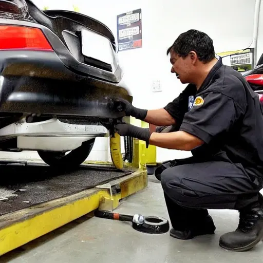 a mechanic in a garage performing an oil change on a Toyota Mirai 2014, the car is lifted on a jack, oil pan is visible, tools are scattered around, blurry and grainy image, low resolution, poor lighting