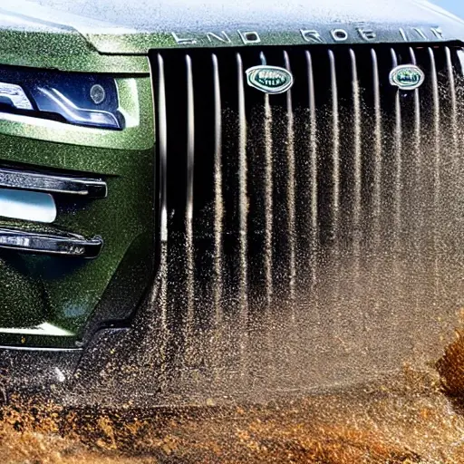 A close-up view of a radiator from a Land Rover Evoque 2011, covered in dirt and grime, being washed with a high-pressure water spray, low resolution, blurry details, grainy texture
