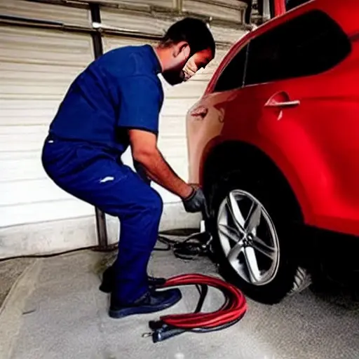 A low-quality, grainy photo of a mechanic working on the engine of a Haval F7x 2019 in a dimly lit garage, using a diagnostic laptop connected to the car's OBD port