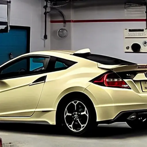 a low resolution blurry photo of a Honda CRZ car in a mechanic garage, diagnostic tools connected to the car, poor lighting, grainy texture