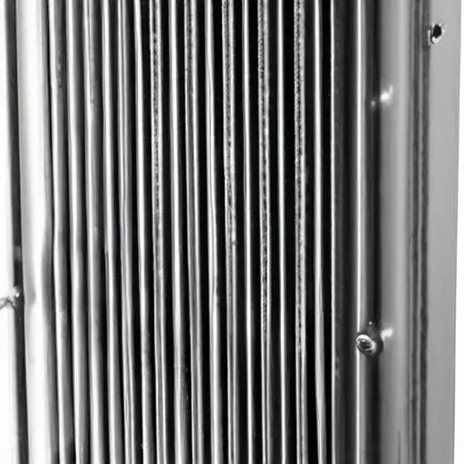 A close-up view of a radiator being cleaned with water spray, showing the metal fins and dirt being washed away, low resolution, blurry details, grainy texture