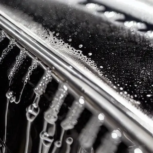 a close-up of a car radiator being cleaned with water spray, low resolution, blurry details, grainy texture
