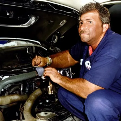 a blurry, low-resolution photograph of a mechanic working on the engine of an Infiniti Q45 in a dimly lit garage, using basic diagnostic tools, image noise and artifacts visible