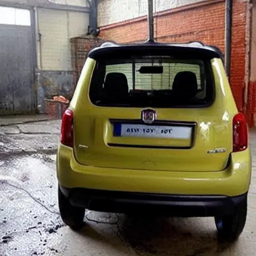A low resolution, blurry, and grainy photograph of a Fiat Panda Cross 2014 radiator being cleaned with water spray, dirty water dripping down, messy workshop background, poor lighting, low quality aesthetic