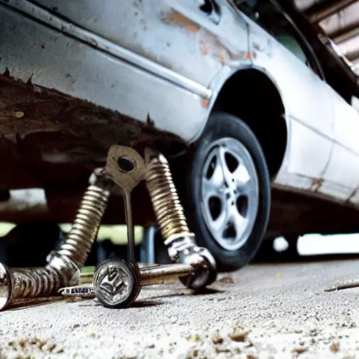 a blurry, low resolution photo of a car suspension system on a dirty garage floor, with a wrench and scattered parts nearby, poor lighting and grainy texture