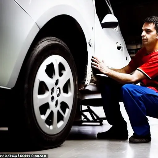a low resolution, blurry, and grainy photograph of a mechanic working on the suspension of a Renault Avantime in a dimly lit garage