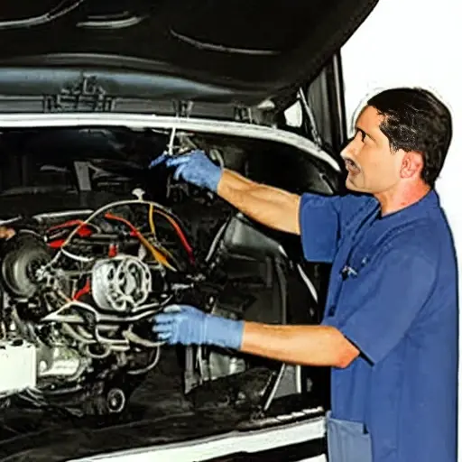 a blurry, low resolution photo of a mechanic working on the engine of a Citroen Spacetourer van in a dimly lit garage, using a diagnostic laptop, grainy texture