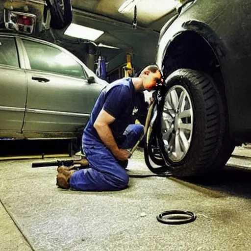 a blurry, low resolution photo of a car suspension system being repaired in a dark garage, a mechanic is holding a wrench, the image is grainy and pixelated