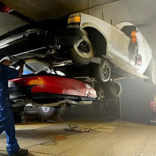 a blurry, low-resolution photo of a mechanic working on the suspension of a car in a dimly lit garage, the image is grainy and pixelated