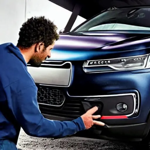 A low resolution, grainy, and blurry photograph of a mechanic working on a Citroen DS 7 Crossback 2018 in a dimly lit garage, using a diagnostic laptop connected to the car's OBD port