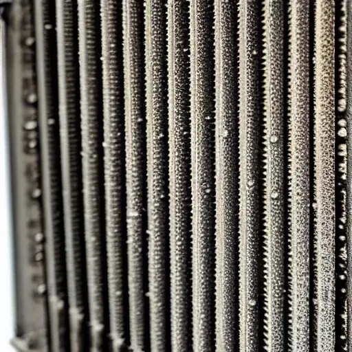 A close-up view of a car radiator being cleaned, showing water spray and foam on the metal fins, low resolution, blurry details, grainy texture