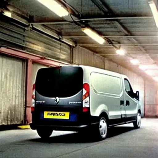 A blurry, low-resolution photograph of a Renault Trafic van from 2001 parked inside a dimly lit, cluttered auto repair garage. The image has visible noise, poor focus, and washed-out colors. A mechanic in overalls is standing next to the open hood, holding a wrench.