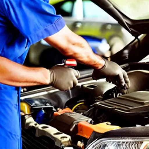 a blurry, low resolution photo of a mechanic changing oil in a car engine, dark and grainy, poor lighting, low quality