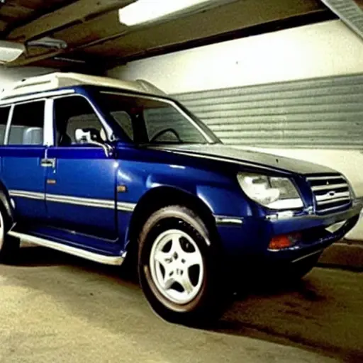 a low resolution, grainy, and blurry photo of a Mitsubishi Pajero Pinin from 1999 to 2007, the car is raised on a car lift in a dimly lit and cluttered garage, a mechanic is working on the suspension components underneath the vehicle, tools and spare parts are scattered on the dirty floor