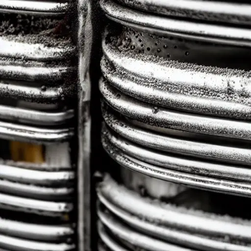 a close-up view of a car radiator being cleaned with water spray, foam, and steam, showing the metal fins and dirt being washed away, low resolution, blurry details, grainy texture