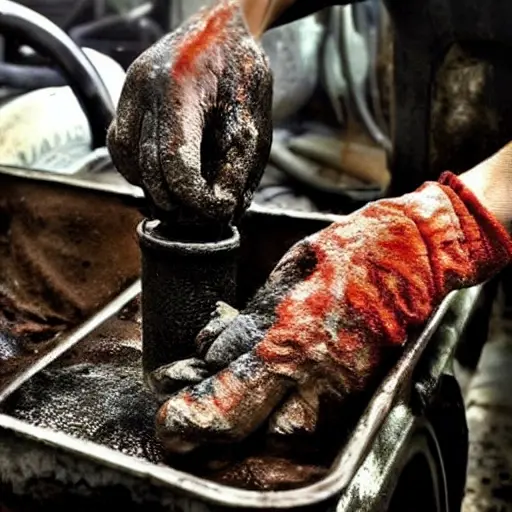 A gritty, low-resolution photograph of a mechanic's hands working on the oil drain plug of a Toyota Tacoma truck in a dimly lit garage. The image is blurry, pixelated, and has high digital noise, resembling a low-quality webcam capture from 2005. Dark oil is dripping into a used metal pan.