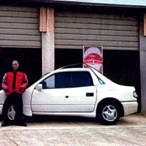 a low resolution, blurry, and grainy photograph of a Mitsubishi Space Star car from the late 1990s, parked in a dimly lit garage, with a mechanic holding a diagnostic scanner near the dashboard